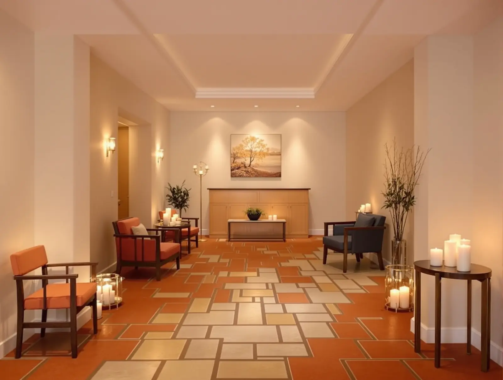 Réception de spa au sol en carreaux de terre cuite orange et crème posés en opus irrégulier.
