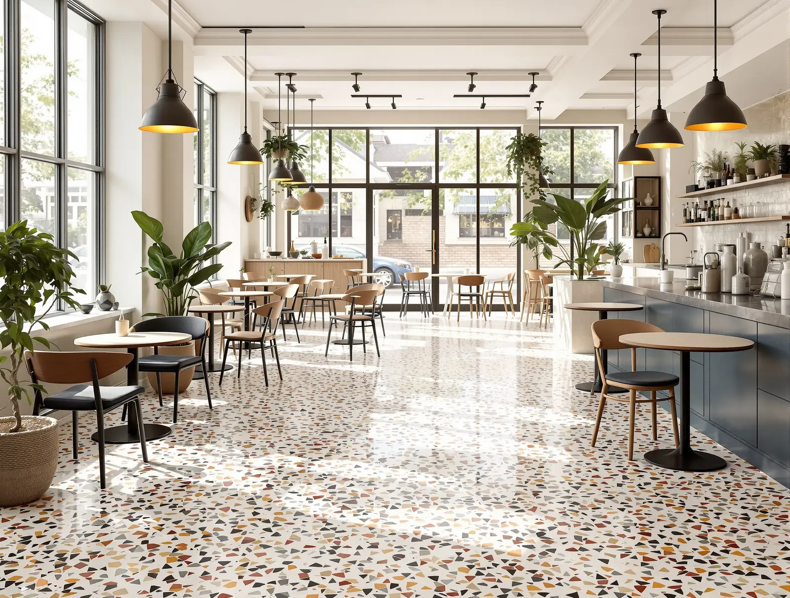 Café lumineux au sol en terrazzo clair à grains multicolores, avec tables rondes et chaises en bois.