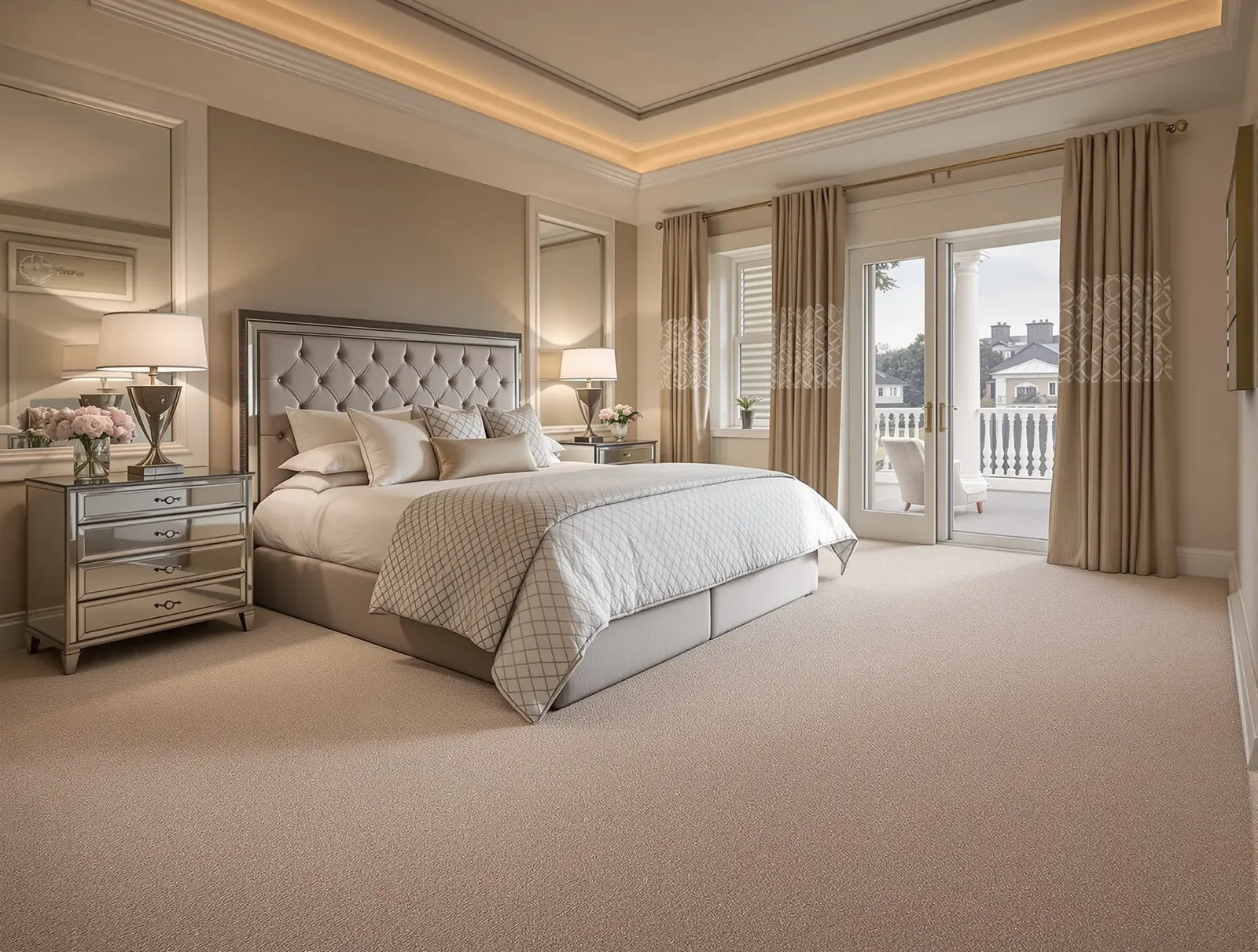 Chambre avec moquette beige uniforme, lit à tête capitonnée et baie vitrée donnant sur un balcon.