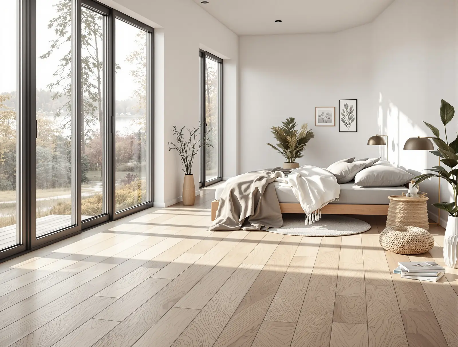 Chambre lumineuse avec parquet de frêne clair à larges lames et baies vitrées.