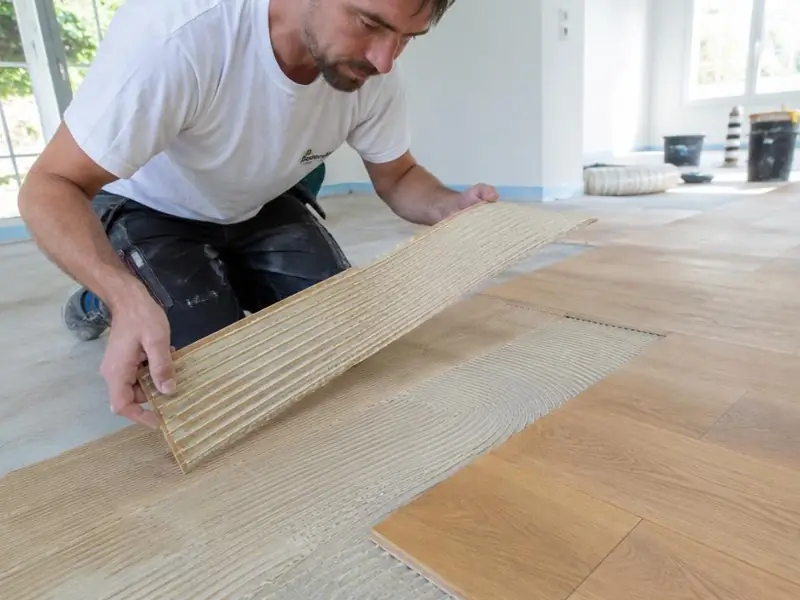 Ouvrier soulevant une lame de parquet pour vérifier le transfert de colle sur son dos strié.