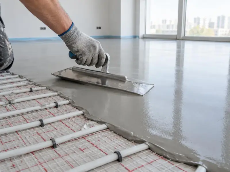 Chape fluide grise étalée à la lisseuse sur les tubes d’un plancher chauffant hydraulique