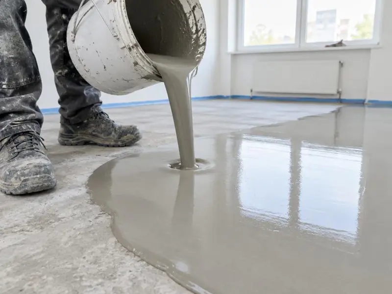 Ragréage autolissant gris versé depuis un seau et s'étalant en nappe sur une dalle