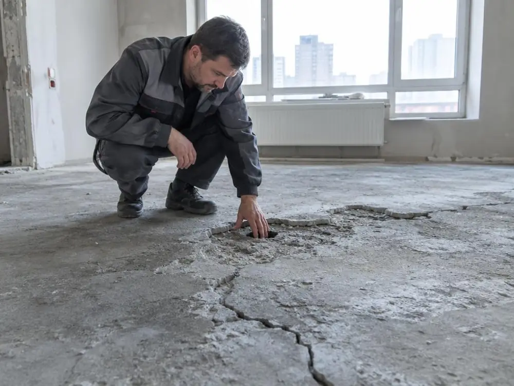 Ouvrier accroupi examinant une ancienne dalle de béton fissurée et écaillée dans un appartement en rénovation.
