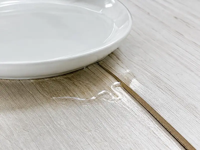 Eau stagnant dans le joint entre deux lames de stratifié gris clair, à côté d’une soucoupe