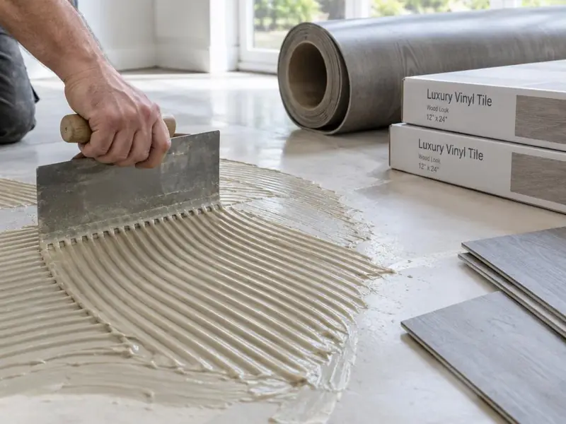 Spatule crantée étalant de la colle sur une chape claire, avec un rouleau de vinyle gris en arrière-plan.