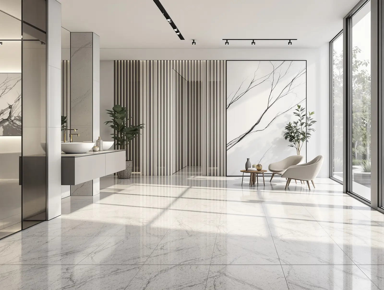 Espace ouvert au sol en grands carreaux de grès cérame effet marbre blanc et gris
