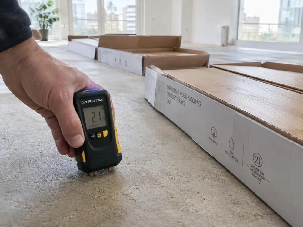 Humidimètre appliqué sur une chape en béton, à côté de cartons de parquet ouverts.