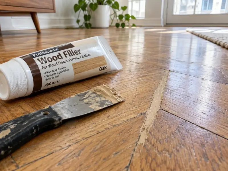 Tube de mastic à bois et spatule posés à côté d’une fissure rebouchée sur un vieux parquet en chêne à chevrons.