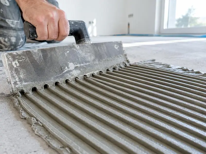 Truelle crantée traçant des sillons réguliers de mortier-colle gris sur une dalle de béton.