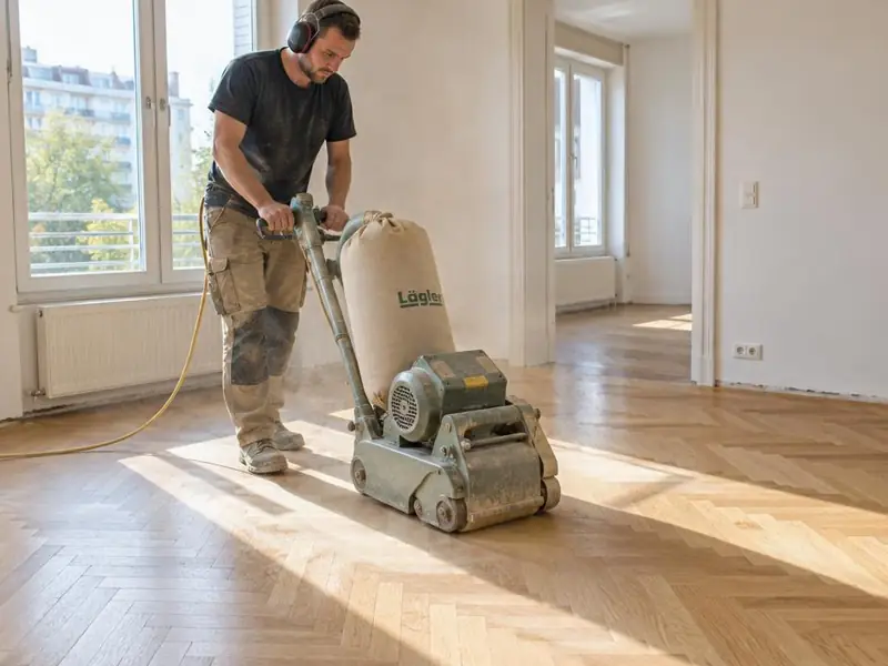 Ouvrier avec casque antibruit ponçant un parquet en chêne avec une ponceuse à bande reliée à un sac.