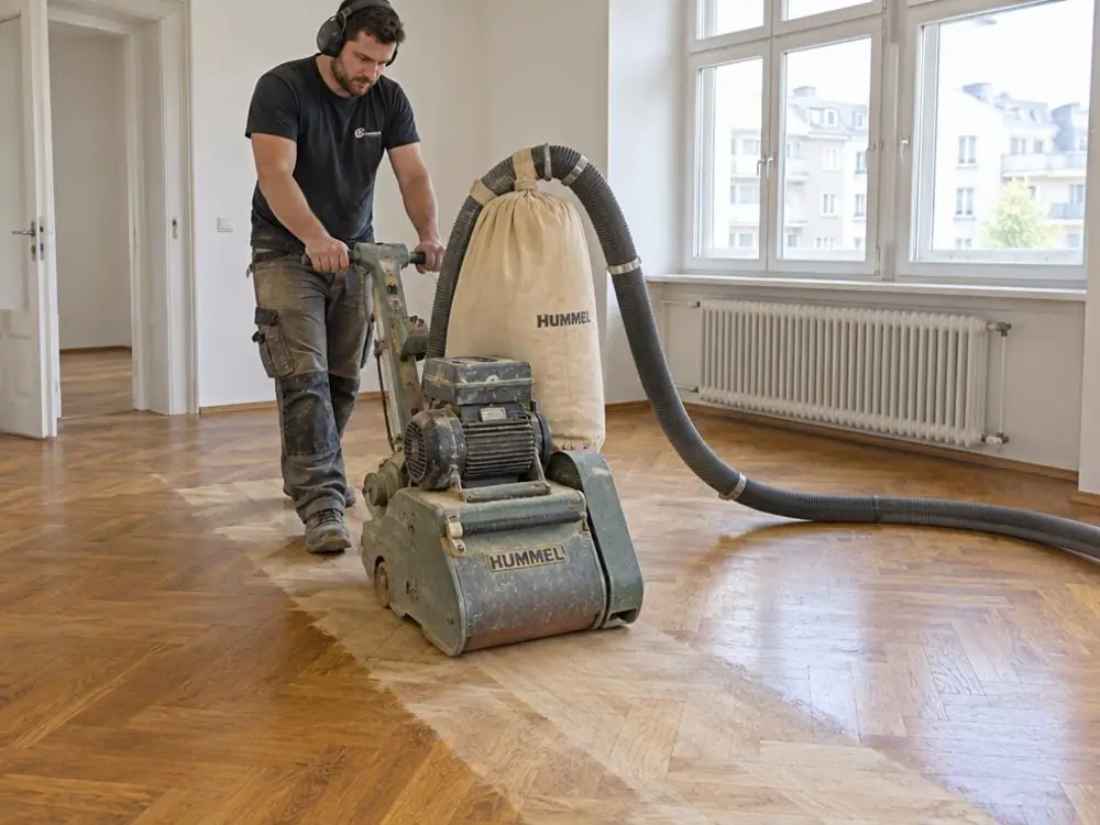 Ouvrier casqué ponçant un parquet en chêne à point de Hongrie avec une ponceuse à bande.