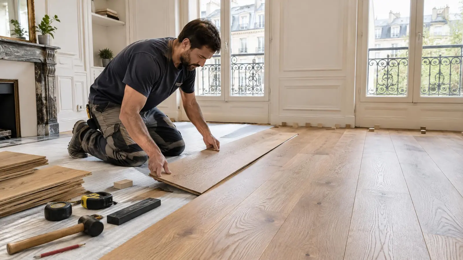 Poseur à genoux plaçant une large lame de parquet en chêne sur une sous-couche dans un appartement lumineux.