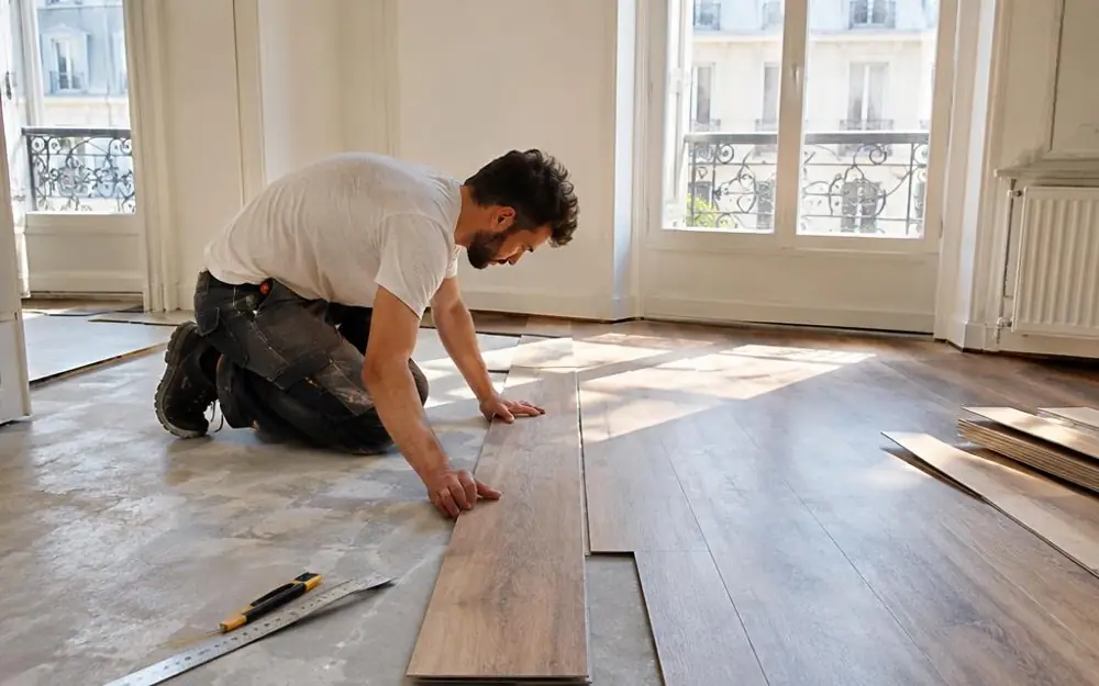 Poseur à genoux emboîtant des lames de vinyle clipsable aspect bois sur une dalle béton dans un salon.