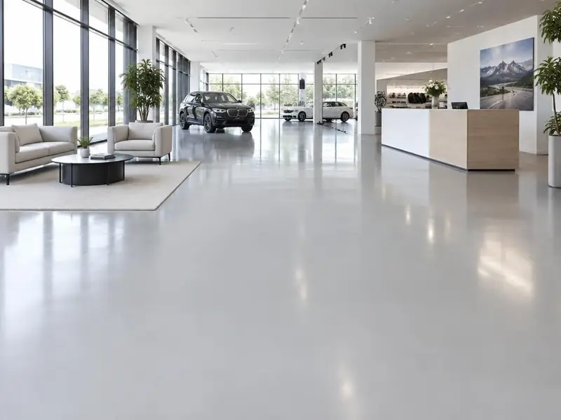 Showroom automobile au sol en résine époxy gris clair brillant, sans joint