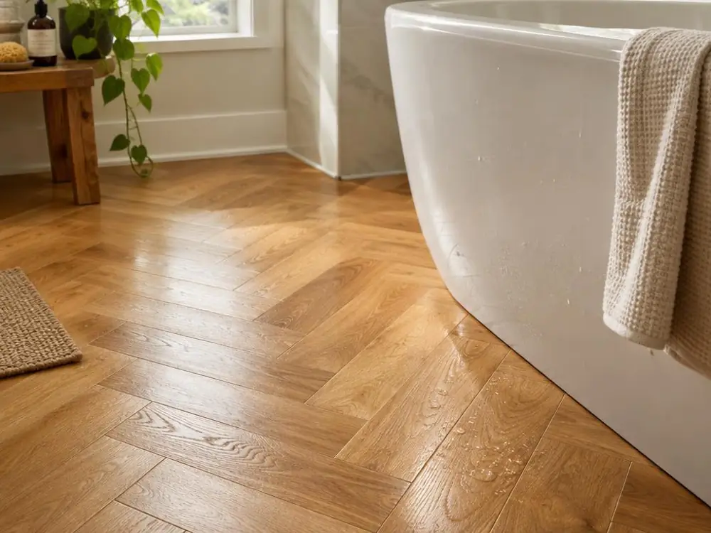 Sol aspect chêne à chevrons dans une salle de bain, au pied d’une baignoire îlot