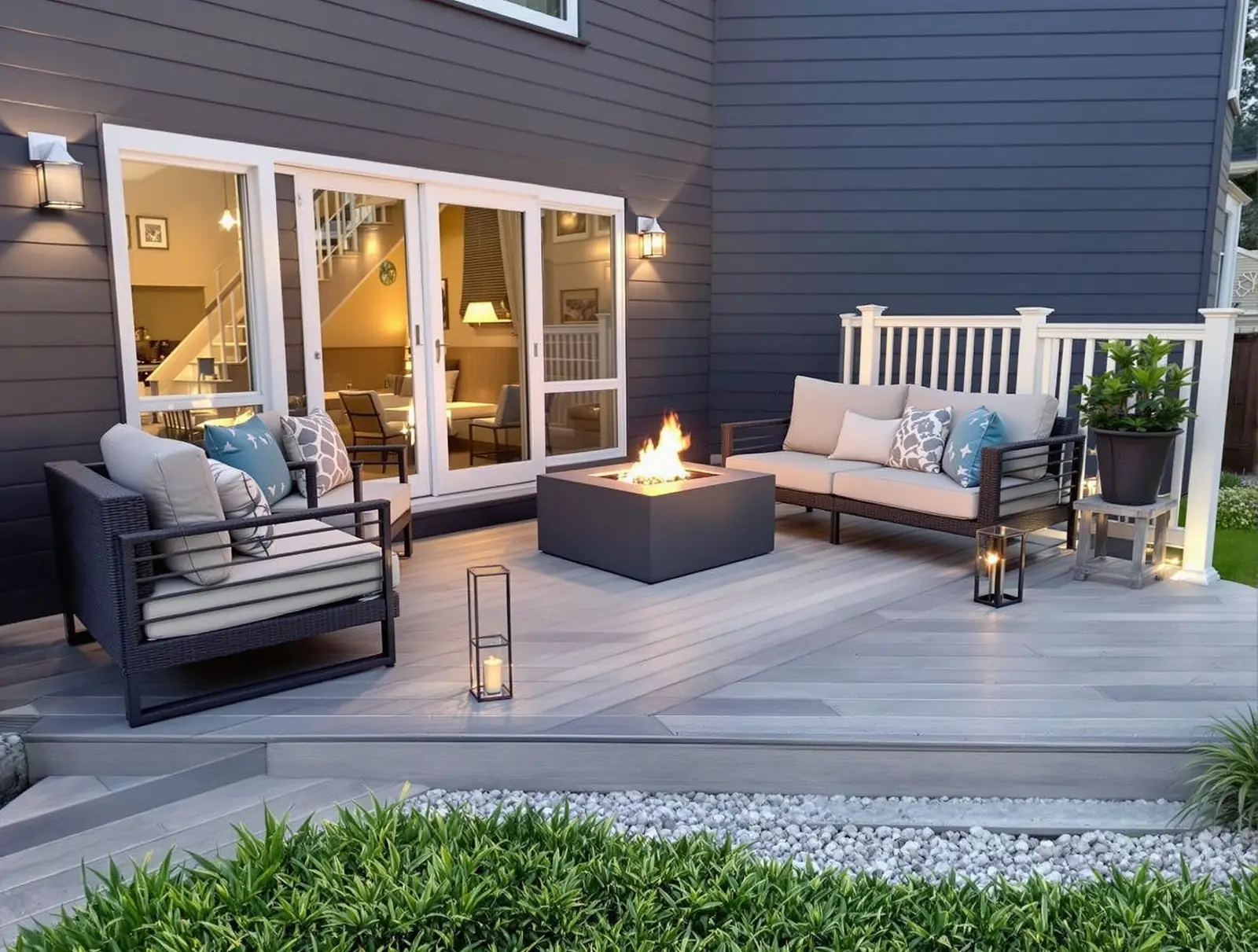 Terrasse en lames composites grises avec salon de jardin, brasero et bordure de galets devant une façade anthracite.