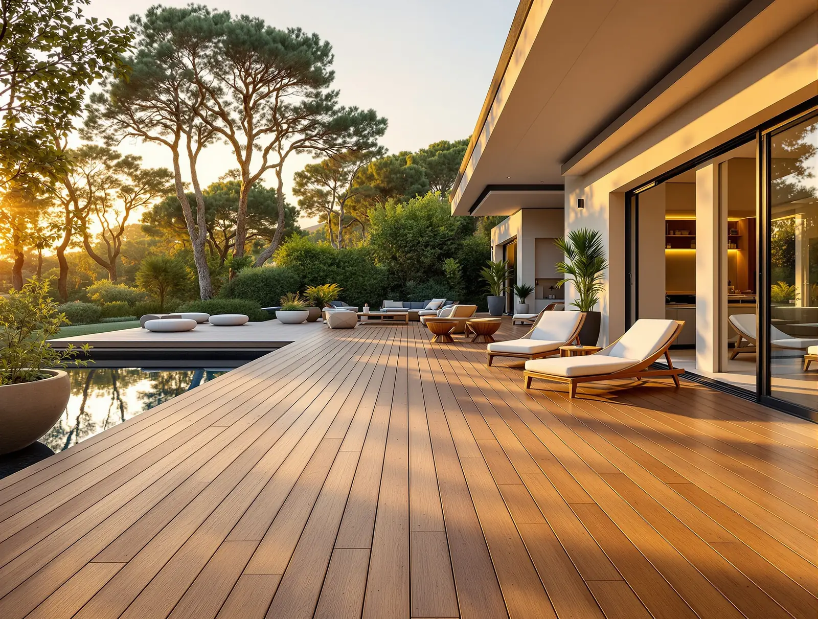 Terrasse en lames d'ipé brun chaud le long d'une piscine, avec transats, baies vitrées de la maison et pins au coucher du soleil.